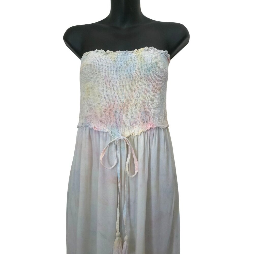 Kiwi + Punch Strapless Pastel Tie-Dye Wide-Leg Rayon Jumpsuit Smocked Bodice Sz - Picture 3 of 5